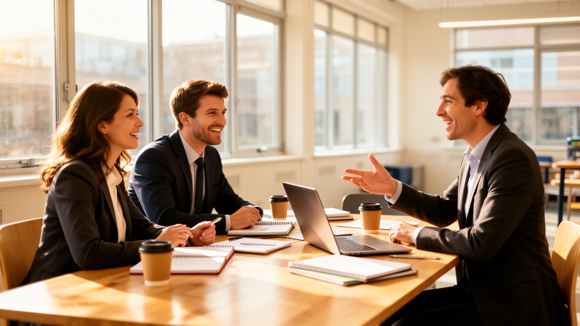 Two educators collaborating with a consultant coach at a sunlit table